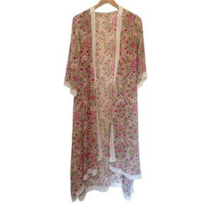 Bright geometric floral long line open front semi sheer kimono duster cardigan
